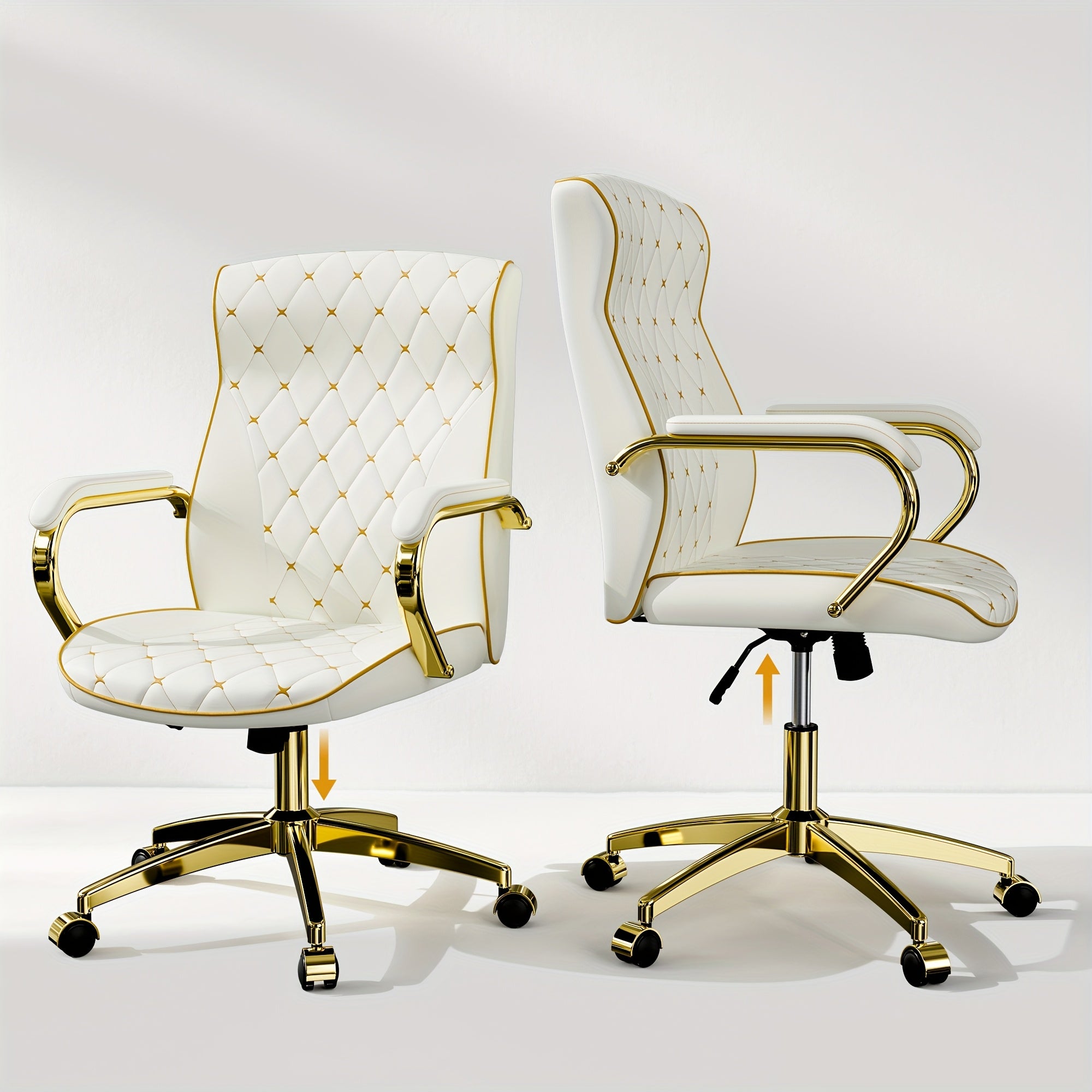 1pc Office Chair with Golden Frame, Soft PU Office Chair with Wheels And Padded Arms, Mid Back Executive Desk Chair, Swivel Vintage Desk Chair And Height Adjustable