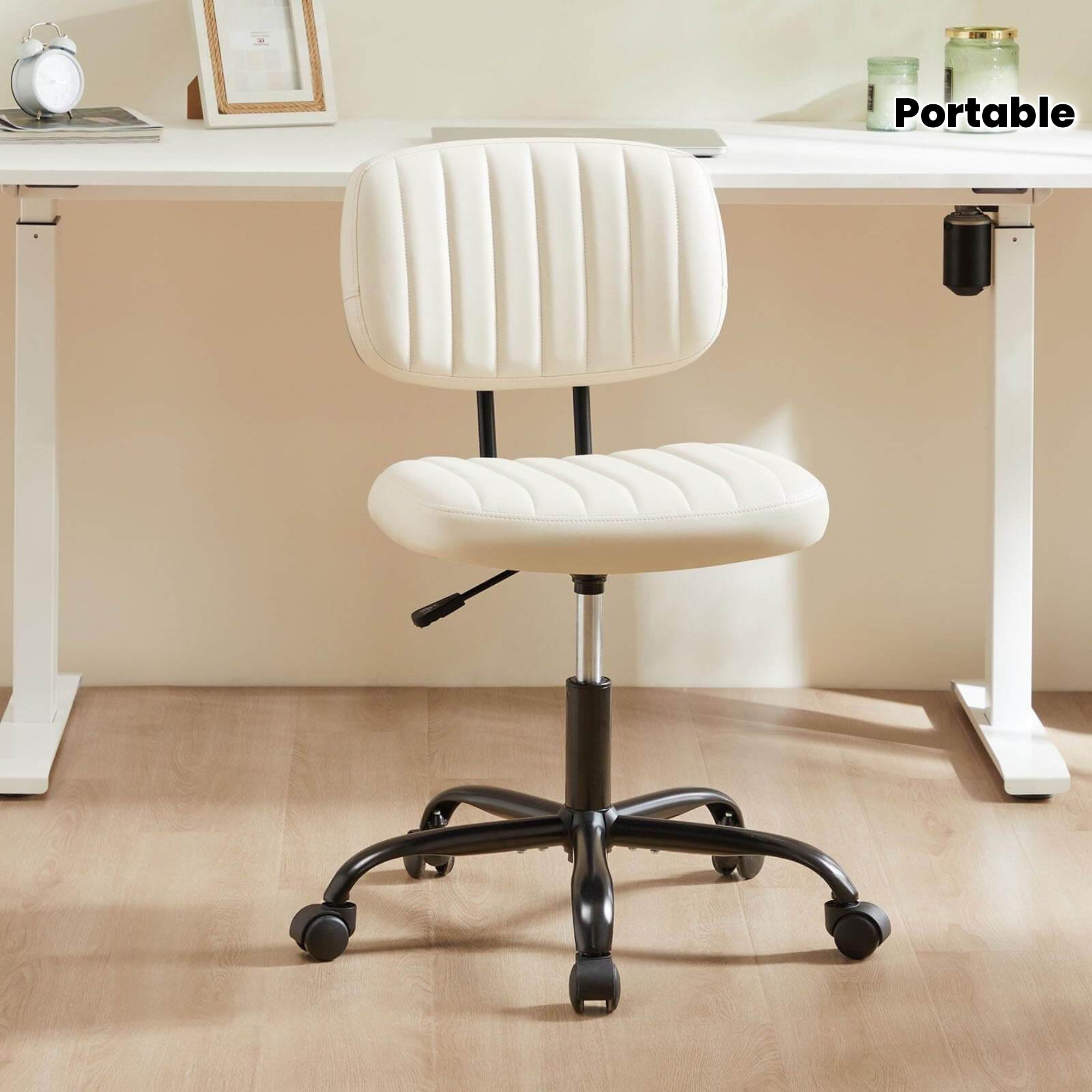 Portable Office Chair, Leather Texture, 5-wheel Swivel Base, Space-saving Design, Suitable For Use In Office, Living Room, School, Bedroom, Easy To Slide And Move