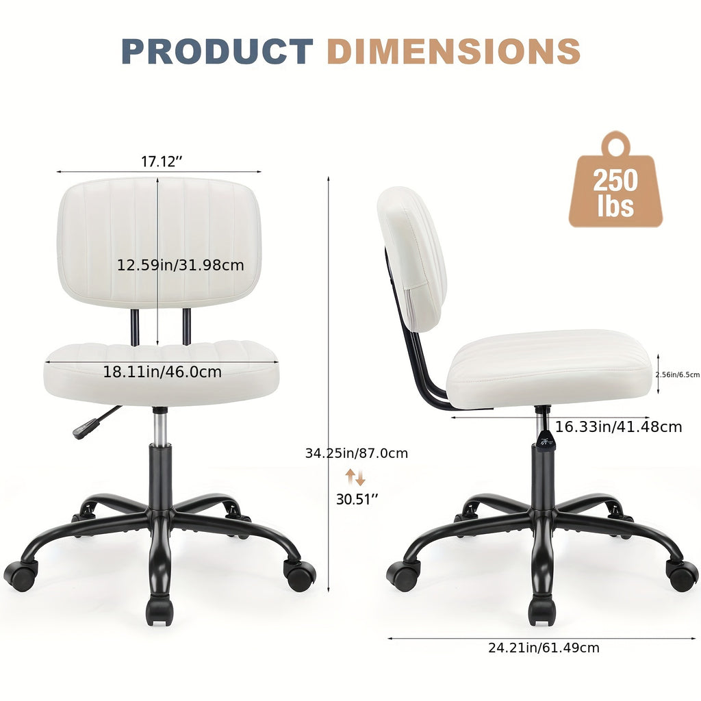 Armless Home Office Chair, Ergonomic Desk Chair with Wheels, Height Adjustable PU Leather, Comfy Low Back Lumbar Support - Beige White