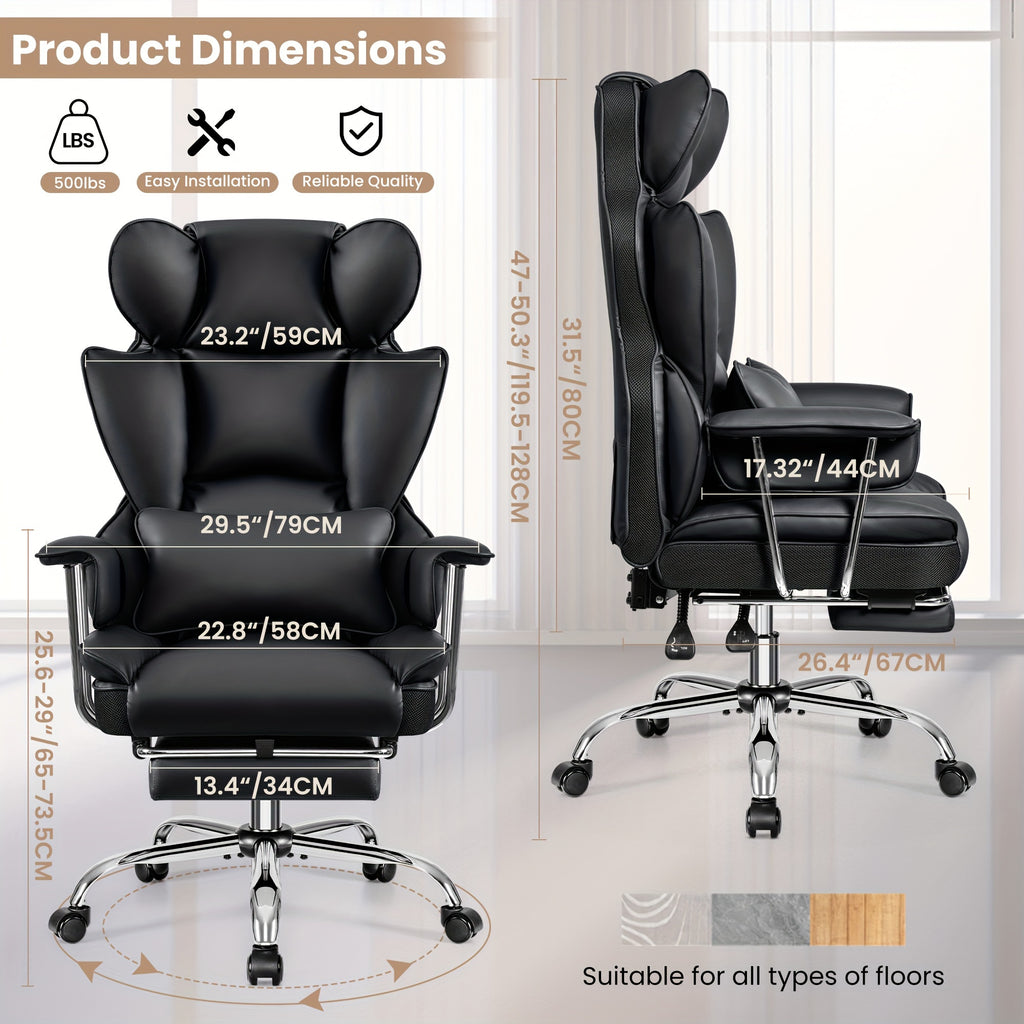 KERDOM Office Desk Chair, Big & Tall Executive Office Chair With Footrest, Beautiful PU Leather Computer Chair, Ergonomic Reclining Chair High Back With Lumbar Support, Large Home Office Chair With Pillow Soft White Leather Chair Christmas Gift Chair