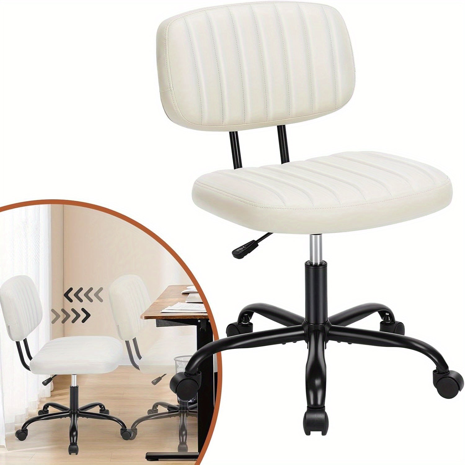 Small Office Chair Armless with Wheels, Swivel Desk Seat with Back Lumbar Support Height Adjustable for Home Study Vanity, Pu Leather, White, Black, Brown