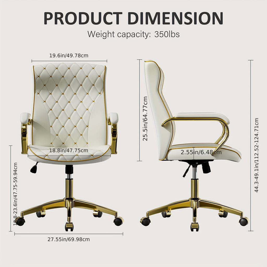 1pc Office Chair with Golden Frame, Soft PU Office Chair with Wheels And Padded Arms, Mid Back Executive Desk Chair, Swivel Vintage Desk Chair And Height Adjustable