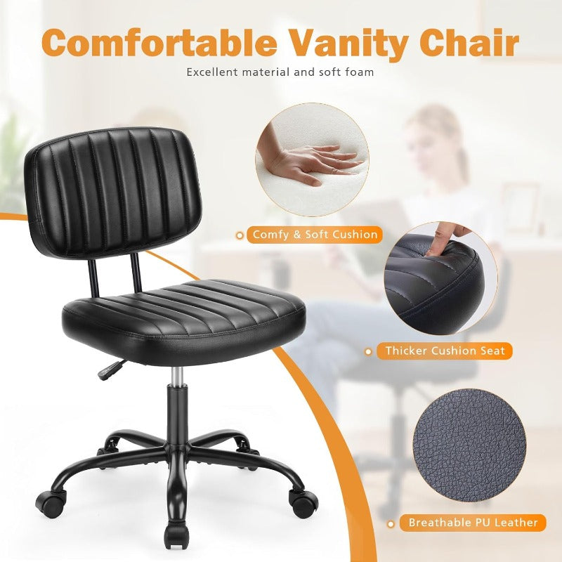 Small Office Desk Chair with Wheels Armless Comfy Computer Chair with Lumbar Support PU Leather Low Back Adjustable Height 360° Rolling Swivel Task Chair Without Arm for Home Bedroom