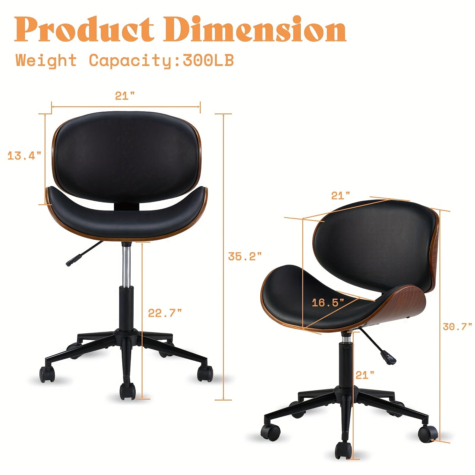 Ergonomic Home Office Desk Chair: Modern Mid-Century Armless Design With PU Leather, Bentwood, 360° Swivel Wheels, Adjustable Seat Height For Office, Study, Bedroom