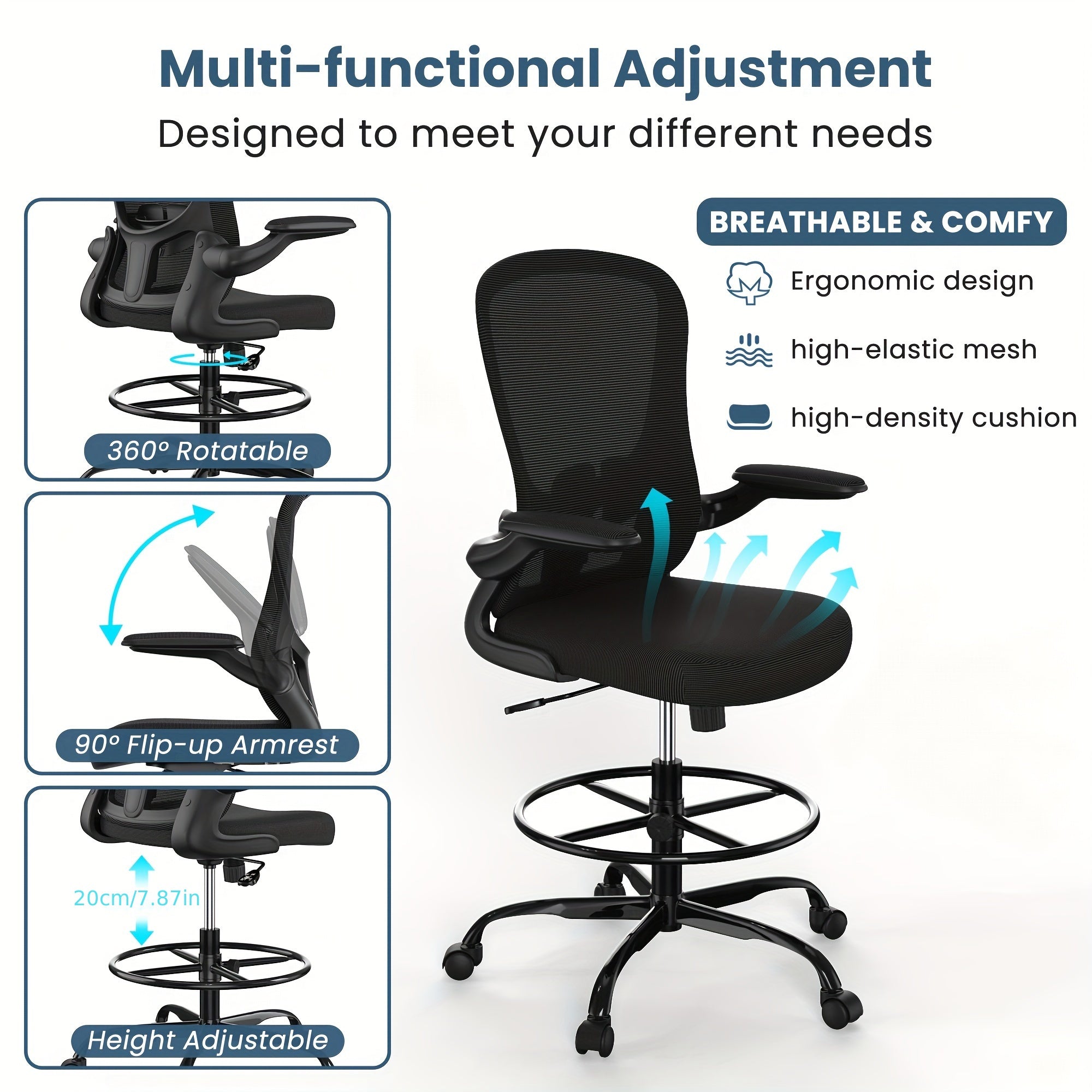 Drafting Chair, Tall Office Chair with Flip-up Armrests Executive Ergonomic Computer Standing Desk Chair, Office Drafting Chair with Lumbar Support and Adjustable Footrest Ring