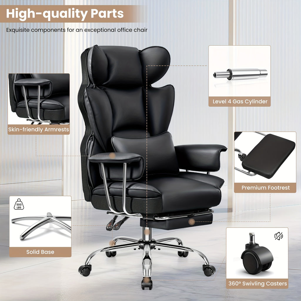KERDOM Office Desk Chair, Big & Tall Executive Office Chair With Footrest, Beautiful PU Leather Computer Chair, Ergonomic Reclining Chair High Back With Lumbar Support, Large Home Office Chair With Pillow Soft White Leather Chair Christmas Gift Chair