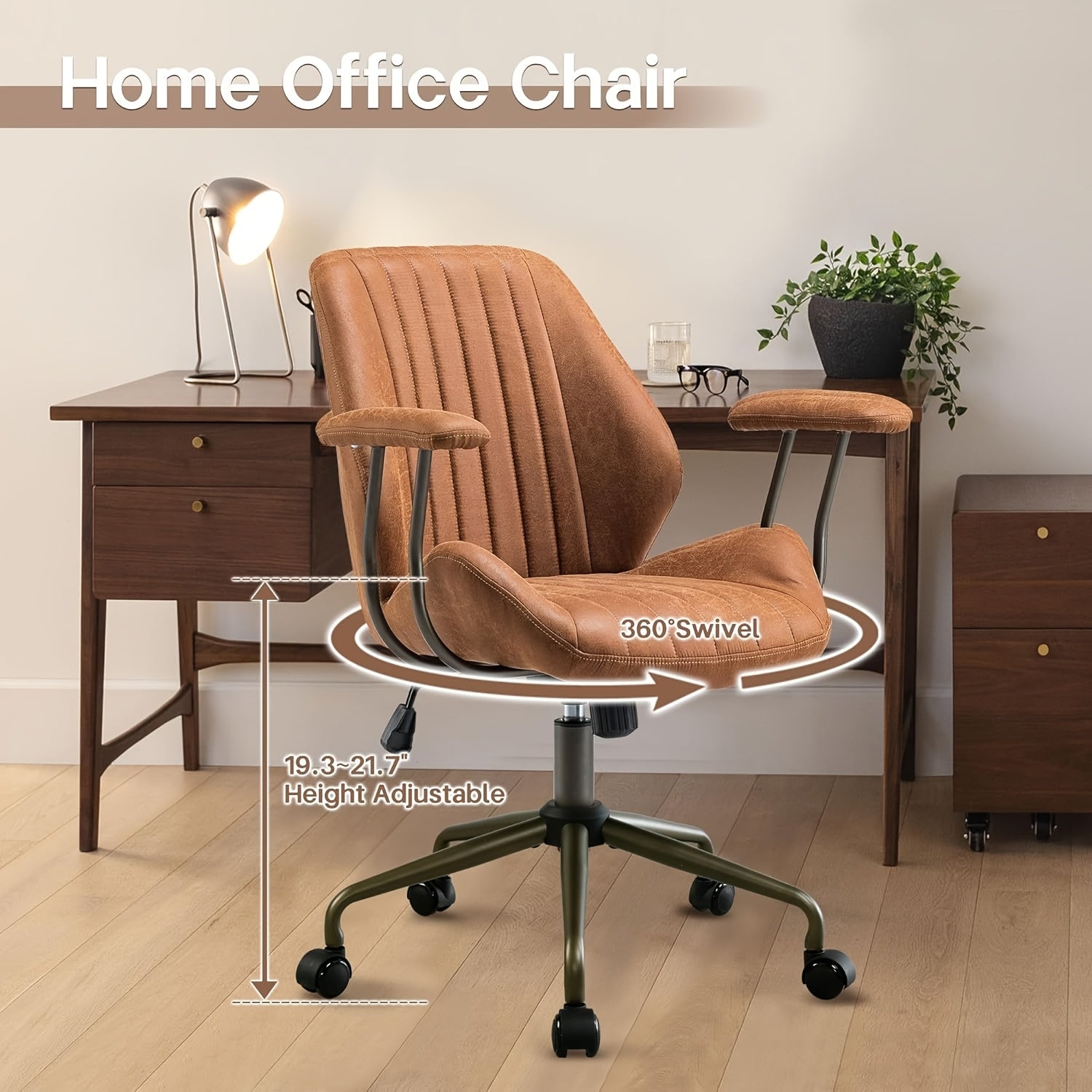 Adjustable Convenience Ergonomic Adjustable Height Office Chair - Vintage Suede Fabric, Swivel Rolling Computer Chair with Comfortable Armrests and Lumbar Support for Home Office Use, Desk Chair