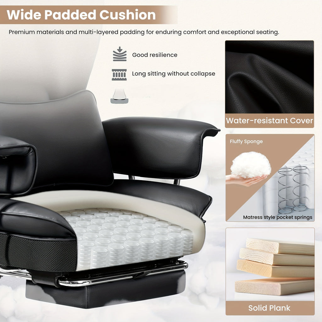 KERDOM Office Desk Chair, Big & Tall Executive Office Chair With Footrest, Beautiful PU Leather Computer Chair, Ergonomic Reclining Chair High Back With Lumbar Support, Large Home Office Chair With Pillow Soft White Leather Chair Christmas Gift Chair