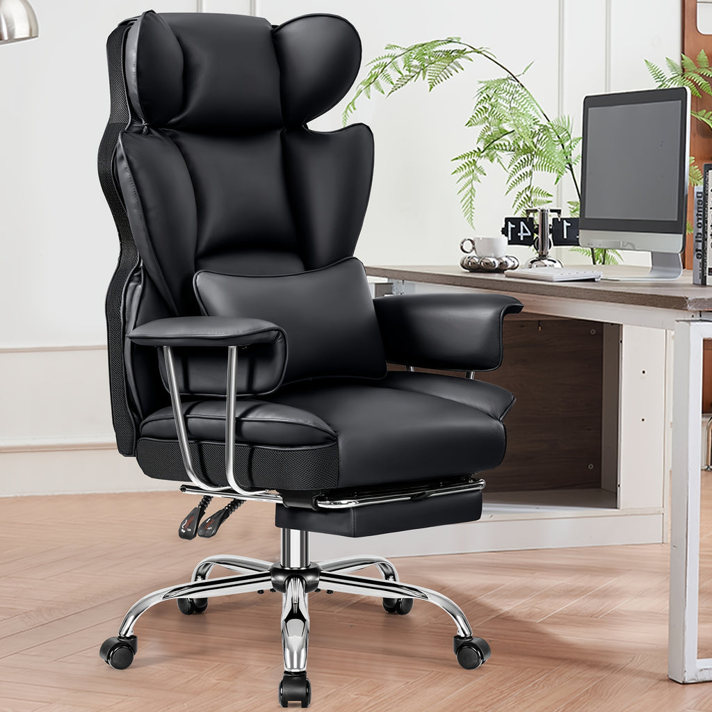 KERDOM Office Desk Chair, Big & Tall Executive Office Chair With Footrest, Beautiful PU Leather Computer Chair, Ergonomic Reclining Chair High Back With Lumbar Support, Large Home Office Chair With Pillow Soft White Leather Chair Christmas Gift Chair