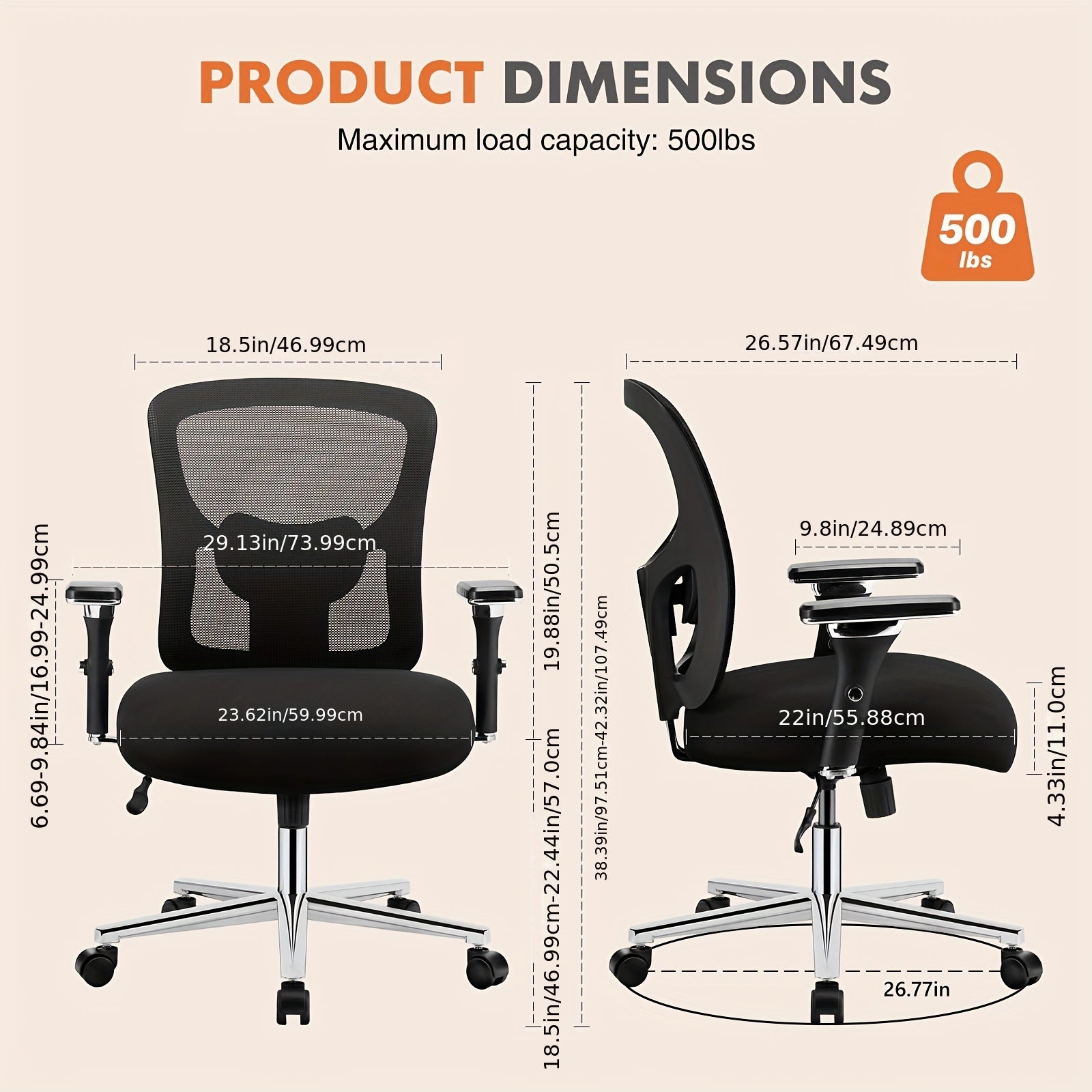 Big And Tall Office Desk Lumbar Support, 500LBS Heavy Duty Mesh Ergonomic Computer Chair With Arm And Wide Comfy Seat, Wheels For Adult, Extra-Large, Black