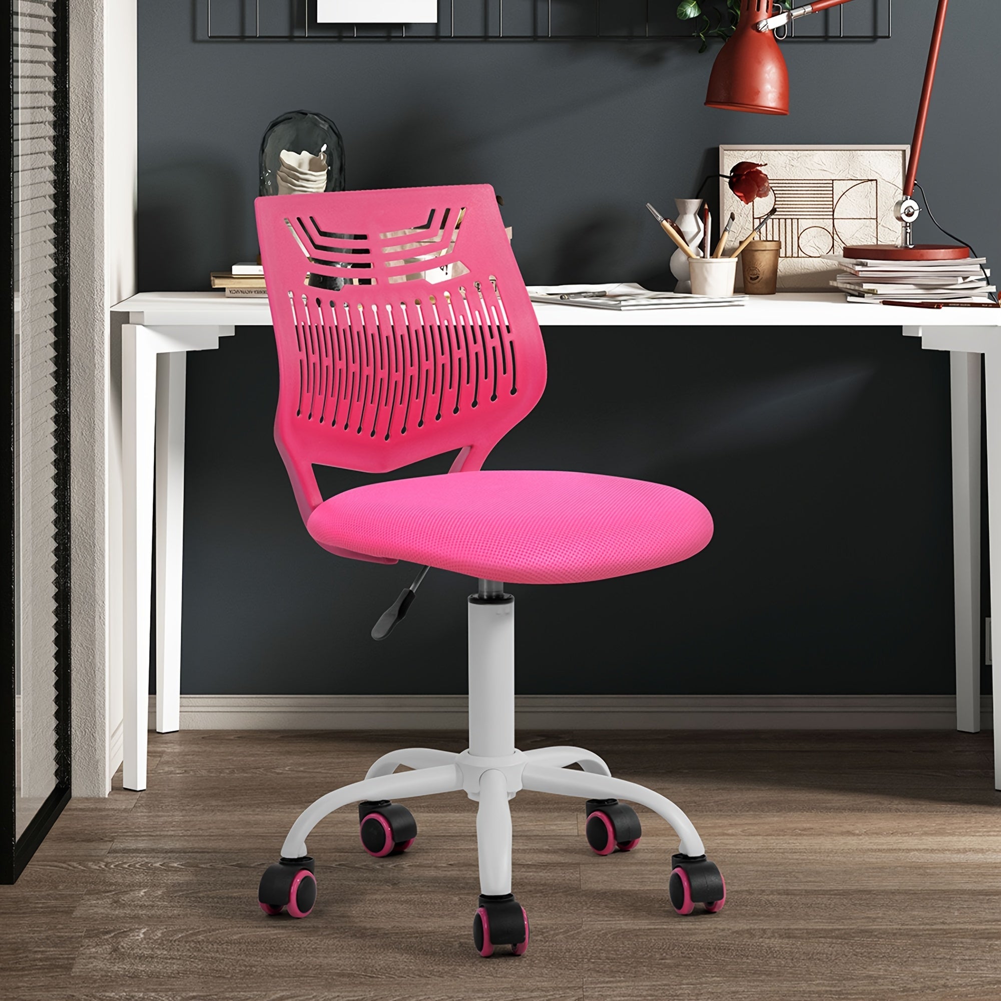 1pc Ergonomic Task Chair, Armless Desk Chair with Mesh Padded Cushion, Swivel Study Chair with Rolling Wheels, Open Back, Fabric Material, Non-Electric, Wipe Clean Care, for Hard Floor - Purple\u002FRose\u002FGreen, Office Chair Cushion