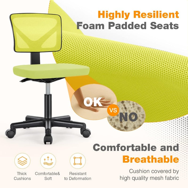 Office Computer Desk Chair Ergonomic LowBack Mesh Rolling Work Swivel Chairs with Wheels Armless Comfortable Seat Lumbar Support for Home Bedroom Study Student Adults Green