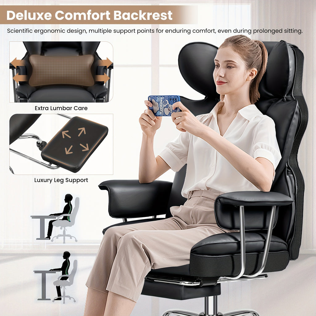 KERDOM Office Desk Chair, Big & Tall Executive Office Chair With Footrest, Beautiful PU Leather Computer Chair, Ergonomic Reclining Chair High Back With Lumbar Support, Large Home Office Chair With Pillow Soft White Leather Chair Christmas Gift Chair