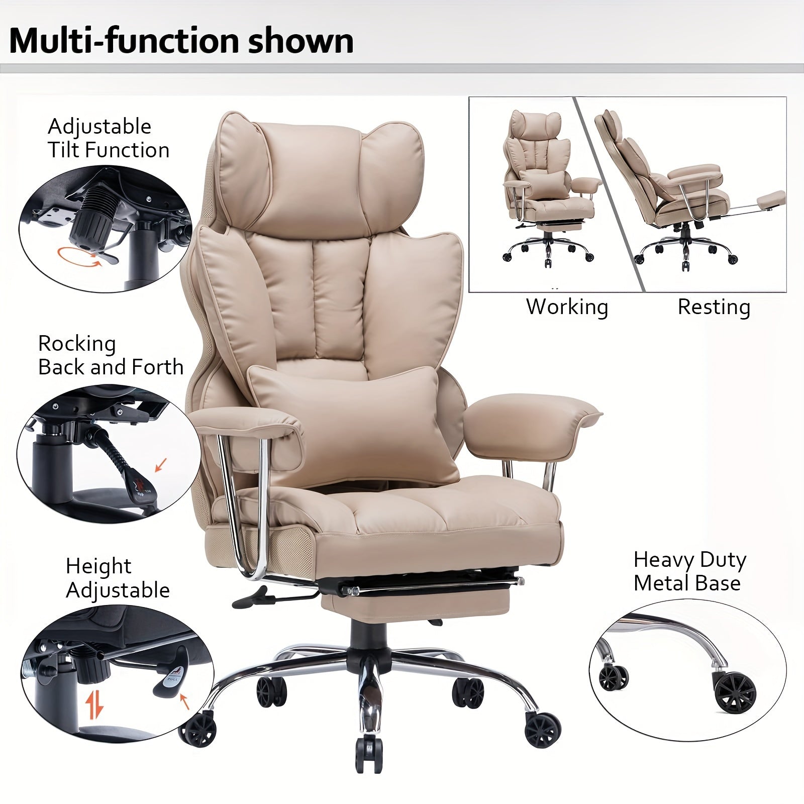 Efomao Office Chair 400LBS, Big and Tall Office Chair, PU Leather Computer Chair, Executive Office Chair with Leg Rest and Lumbar Support, Dark Beige Office Chair