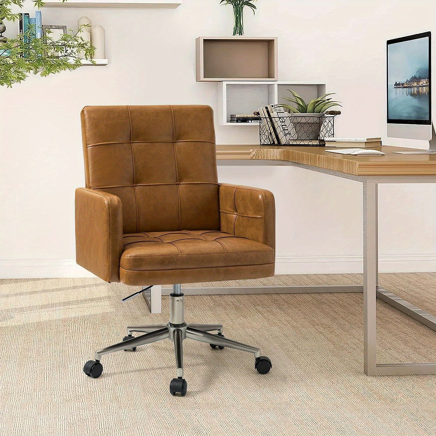 Office Chair with Mid Back Support & Armrests, Mid Century Modern Tufted Home Gaming Desk Chair, Height-Adjustable Swivel Computer Task Chair for Study Bedroom Living Room