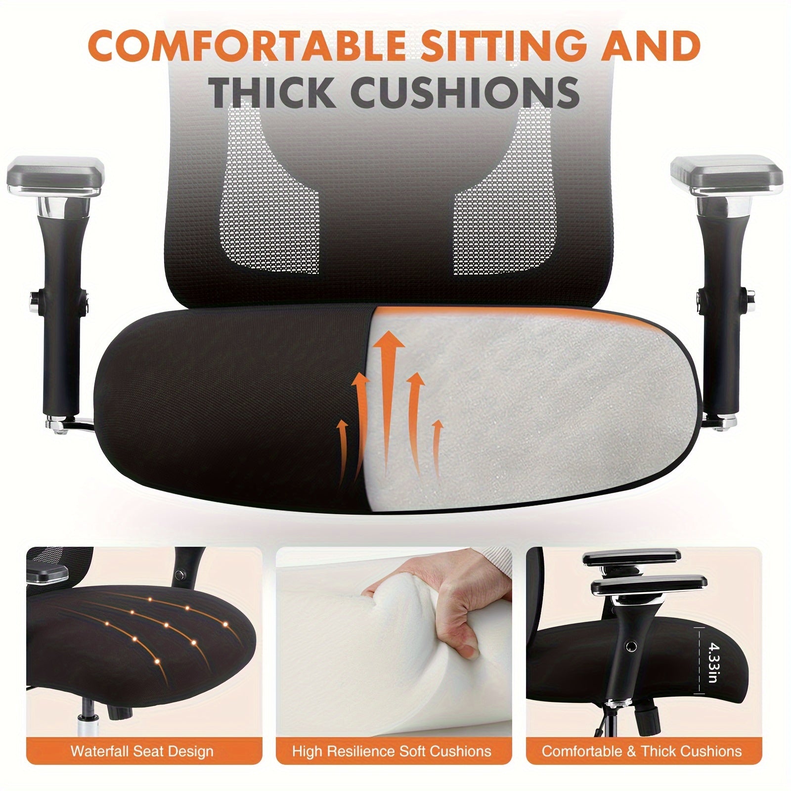 Big And Tall Office Desk Lumbar Support, 500LBS Heavy Duty Mesh Ergonomic Computer Chair With Arm And Wide Comfy Seat, Wheels For Adult, Extra-Large, Black