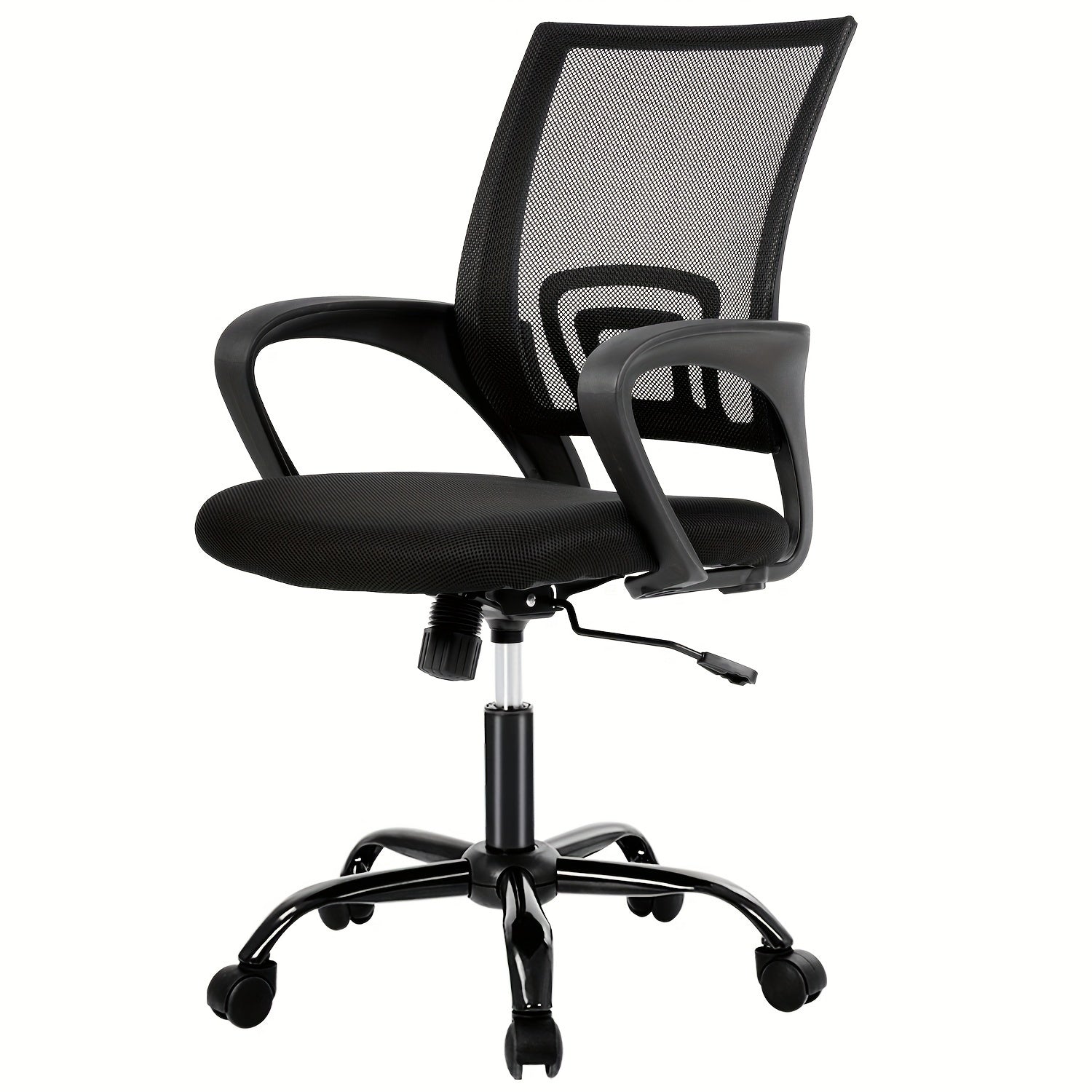 Ergonomic Mid-Back Office Chair with Lumbar Support and Armrests, Black Mesh Swivel Desk Chair on Wheels - Easy Clean, Manual Adjustment for Home and Office Use, Office Chair Cushion
