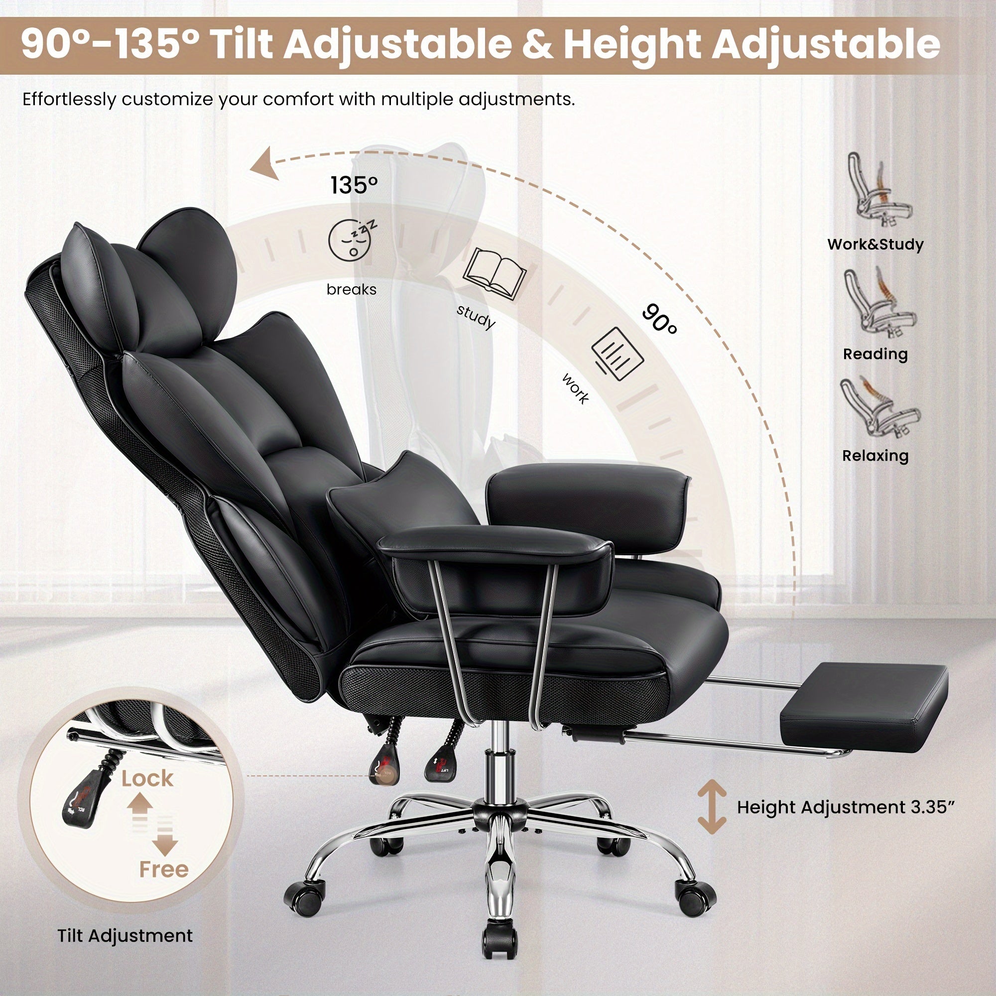 KERDOM Office Desk Chair, Big & Tall Executive Office Chair With Footrest, Beautiful PU Leather Computer Chair, Ergonomic Reclining Chair High Back With Lumbar Support, Large Home Office Chair With Pillow Soft White Leather Chair Christmas Gift Chair