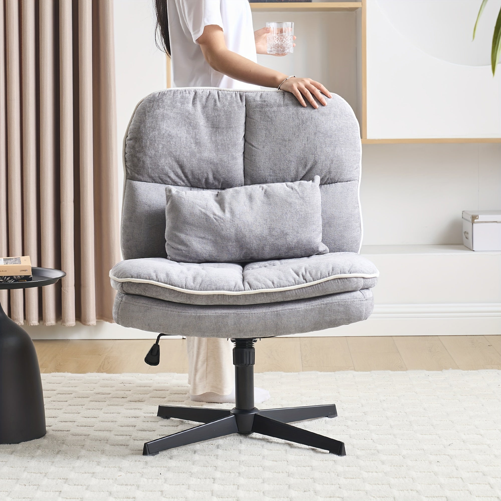 Armless Office Chair, Criss Cross Legged Desk Chair With Wheels, Modern Home Office Desk Chair With Thickened Cushion, Height Adjustable Swivel Fabric Computer Chair